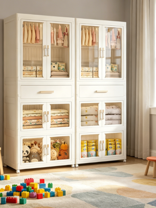 Portable Kids Wardrobe with Doors, Plastic Cabinet with Hanging Rod, for Clothes and Costumes